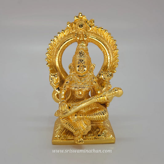 Brass Goddess Saraswati Idol – Golden Finish | 6 inch