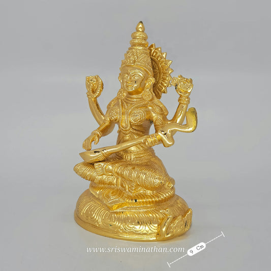 Authentic 7.5" Golden Saraswathi Devi Brass Idol - Traditional Knowledge Goddess
