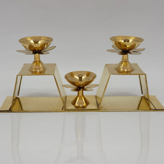 Brass Triple Pyali Diya with Lotus Petal Base 3 – Spiritual Lighting for Pooja, Home Decor, and Meditation