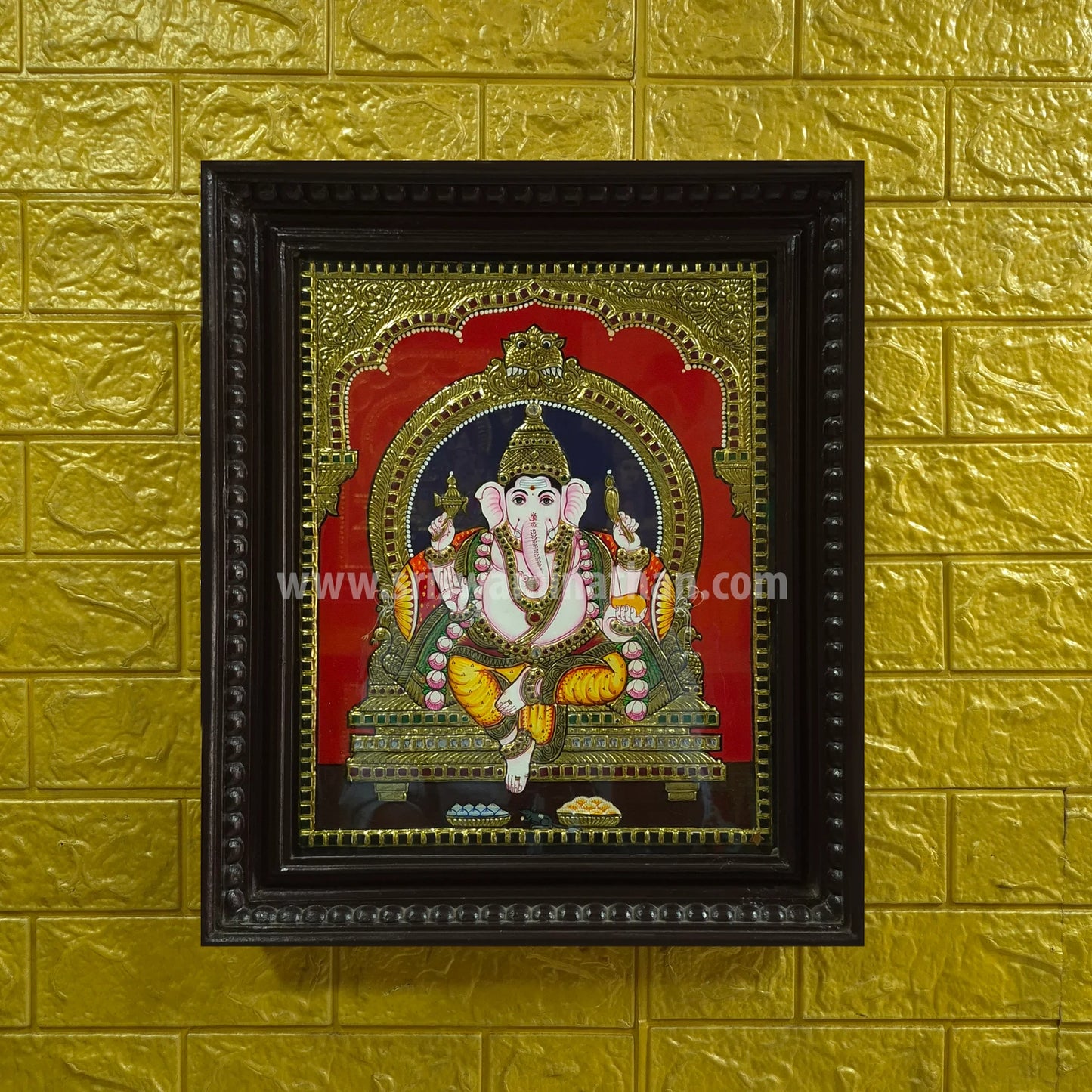 Ganesha Tanjore Painting | Classical Tanjore Art | Framed on Wall | 15 x 12 Inch | Sri Swaminathan & Co