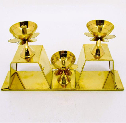 Brass Triple Pyali Diya with Lotus Petal Base 3 – Spiritual Lighting for Pooja, Home Decor, and Meditation
