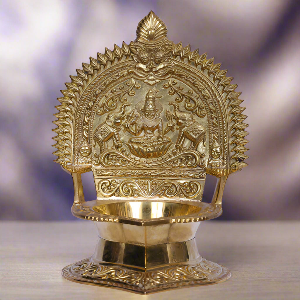 Lingabhairavi Vilakku – 8-inch Traditional Brass Oil Lamp with Goddess Carving and Elephant Motif