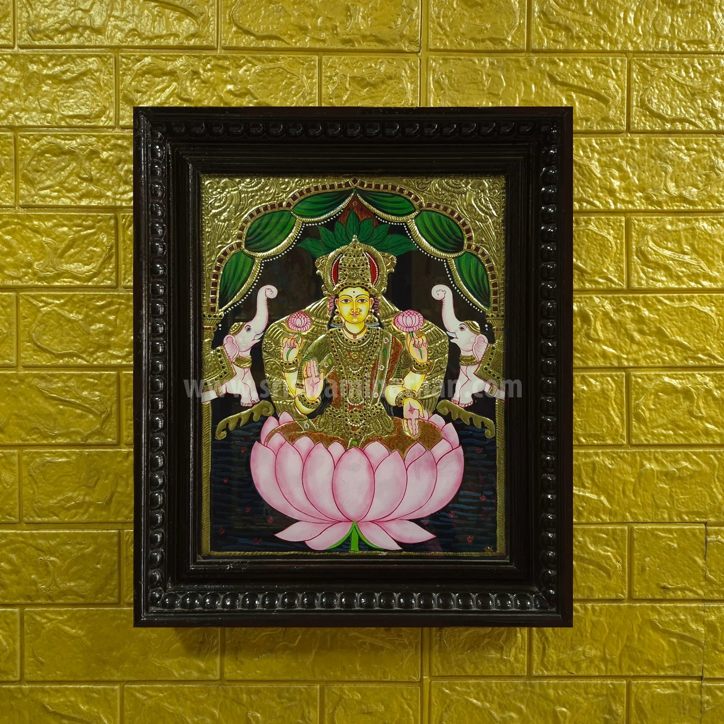 Lotus Gajalakshmi Tanjore Painting | 22K Gold Foil | Framed on Wall | 15 x 12 Inch | Sri Swaminathan & Co