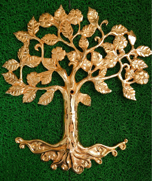 Premium Brass Kalpavriksha tree of life wall hanging placed in green backdrop 33cm height 1.5kg weight