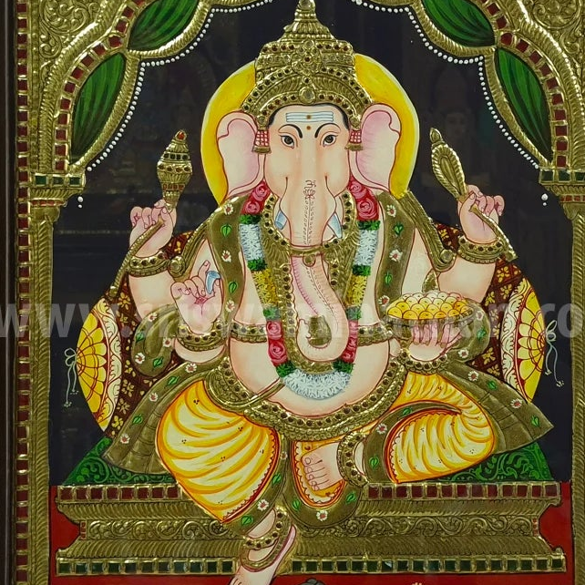 A detailed View of 22 Ct Gold Foil Raja Ganapathi Tanjore Painting from Sri Swaminathan Co Kumbakonam