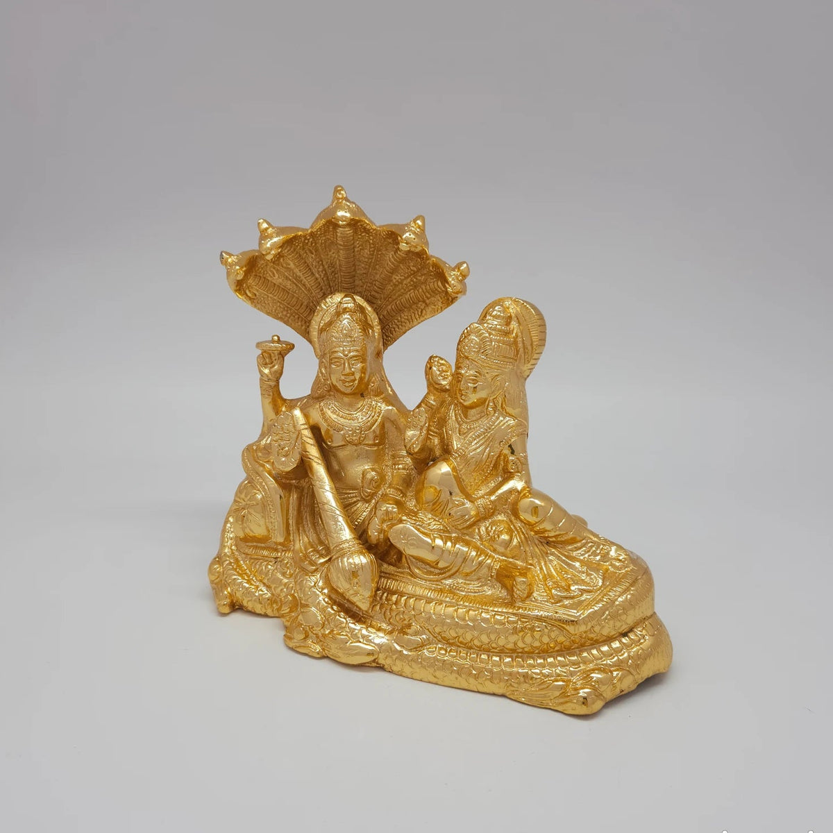 Full Detailed View of Glossy Brass Gold finish Statue of Lakshmi Narayana Sleeping on Adishesha With Gadha 2.3 Kg