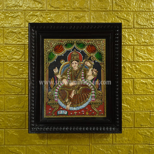Veena Saraswathi Tanjore Painting | Red Saree | Classical Tanjore Art | Framed on Wall | 15 x 12 Inch | Sri Swaminathan & Co