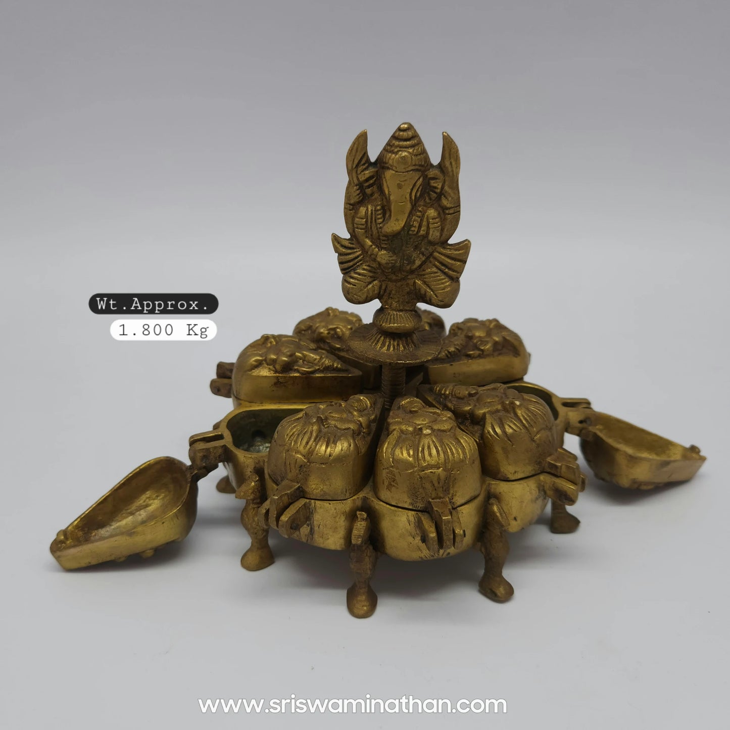 Ganesha Brass Navadal Puja Box – 9 Petal Blooming Navadhanya & Haldi Kumkum Container