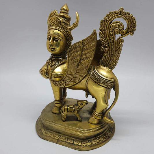 Brass Kamadhenu Cow Calf Statue Right Angle Divine Crown Wings Kumbakonam Handcrafted