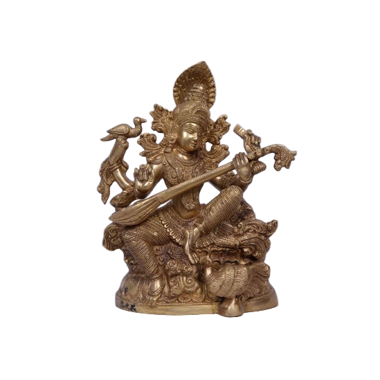 Brass Saraswati statue seated and playing the veena, representing the Hindu goddess of knowledge, music, and arts.