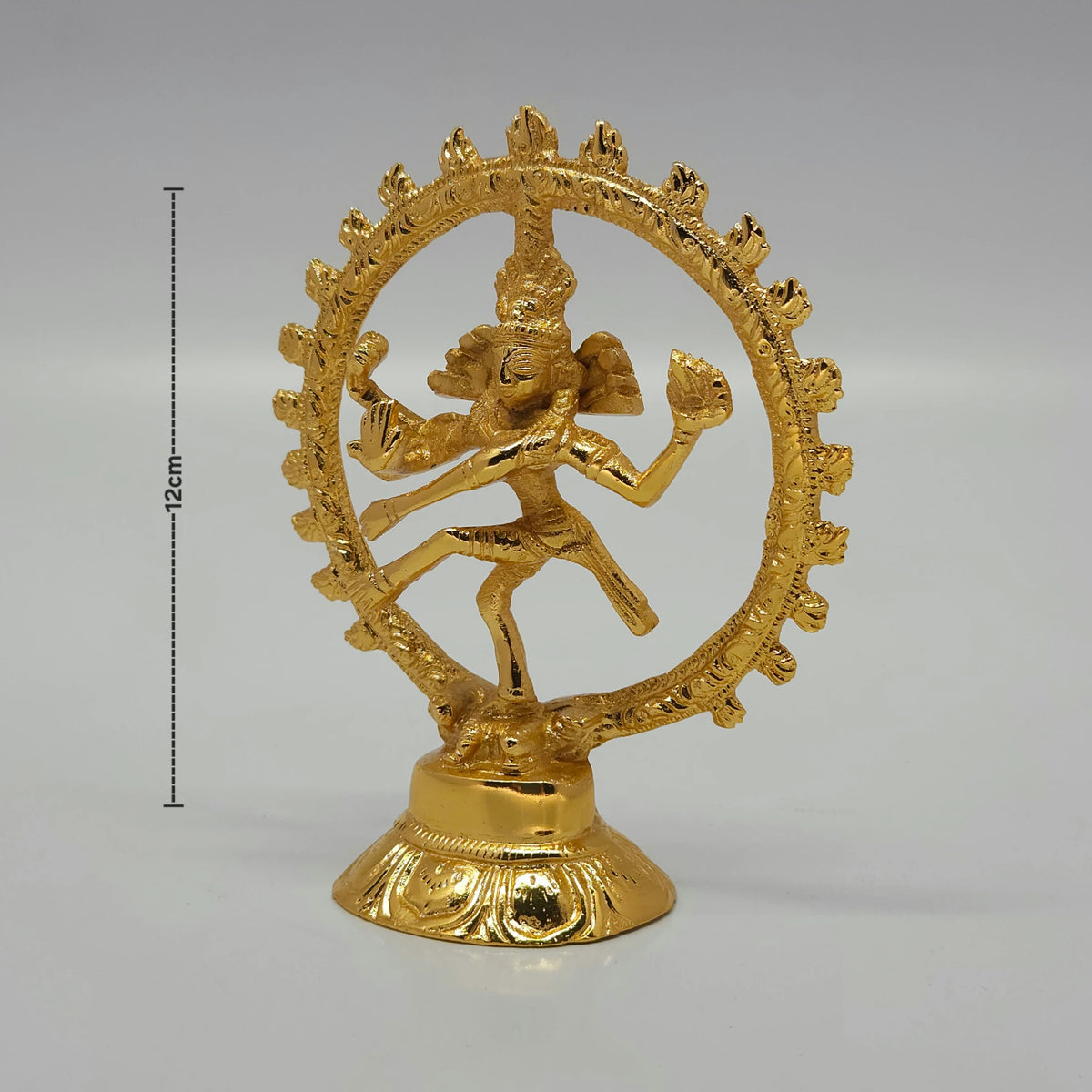 Direct front view of the pure brass cosmic dancer Nataraja statue highlighting the total vertical height dashboard measurement indicator of 12 cm.