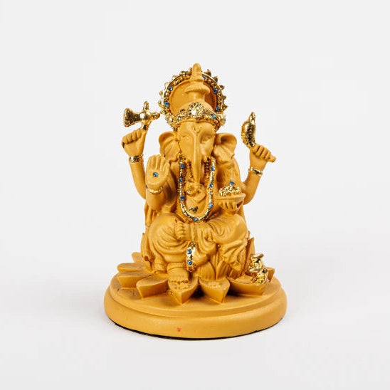 Premium Resin Sandalwood Yellow Ganesha Idol on Round Lotus Base 11 cm