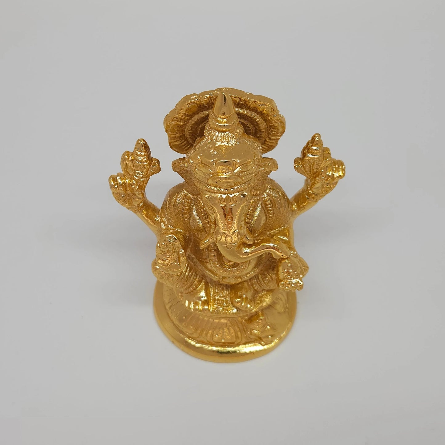 Ganapati Gold Idol Top View Crown Tiers Ornate Detail Round Lotus Base Solid Brass