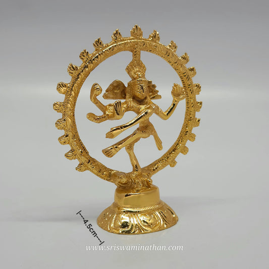 Three-quarter angled perspective view of the glossy gold layered brass Nataraja idol showing the base layout depth measurement line of 4.5 cm