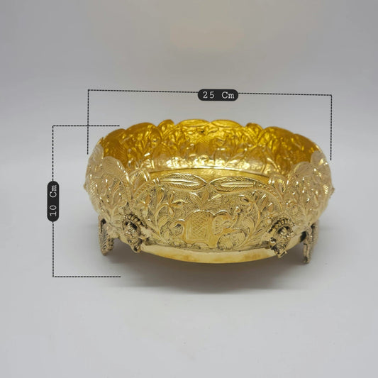 Kumbakonam Brass Elephant Peacock Urli Bowl 25cm Diameter 10cm Height Gaja Floral Vine Engraving Peacock Leg Feet Scalloped Rim Sri Swaminathan