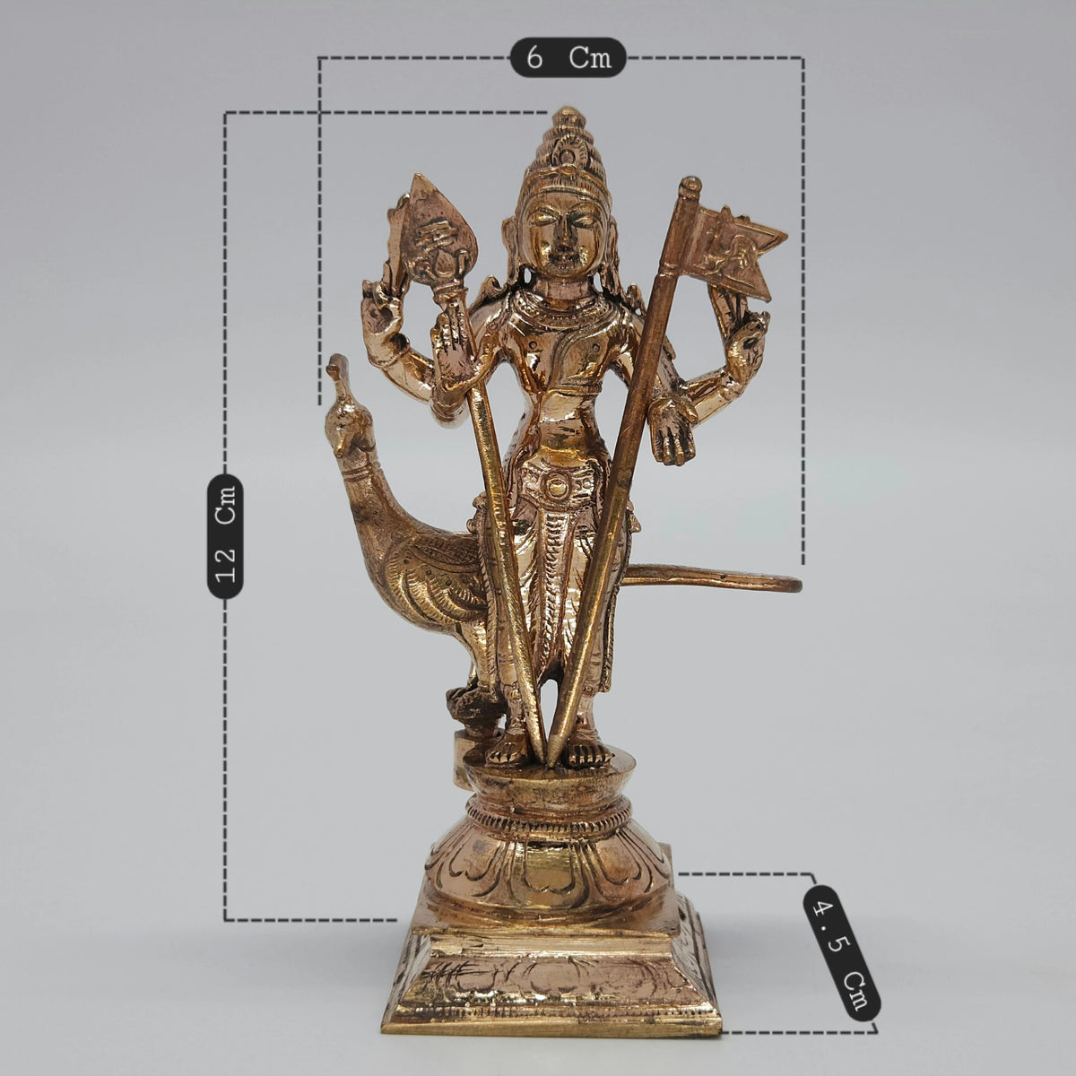 Sizing and dimension map diagram view of the 12cm height, 6cm length, and 4.5cm depth solid Panchaloha Murugan statue with Vel and Sevalkodi.