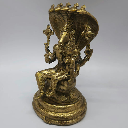 Lakshmi Hayagreeva Brass Statue Left Angle Chakra Conch Sheshnag Wisdom Wealth