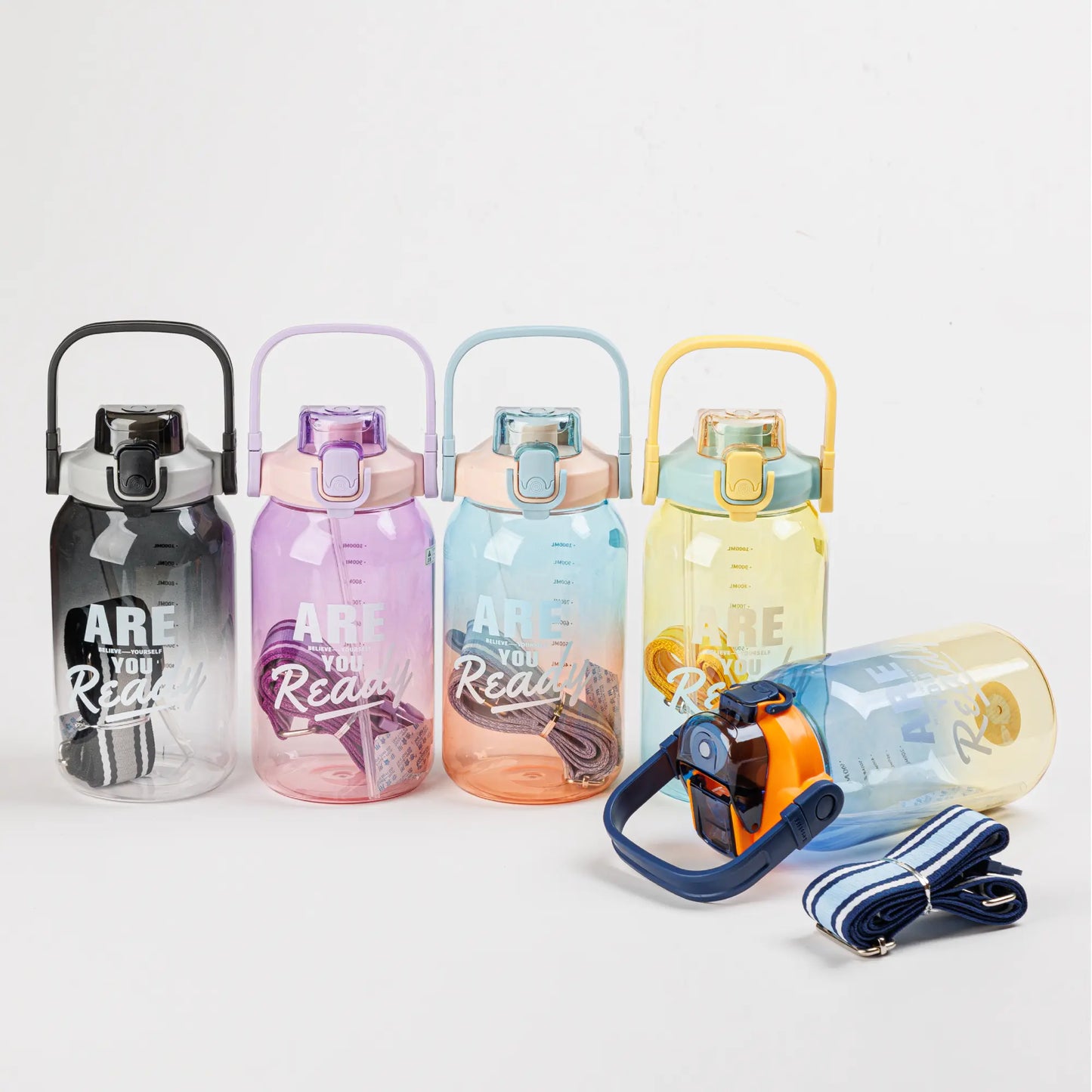 "Colorful motivational water bottles with 'Are You Ready' quote, strap and time markers – ideal for gym, school, office, or gifting"