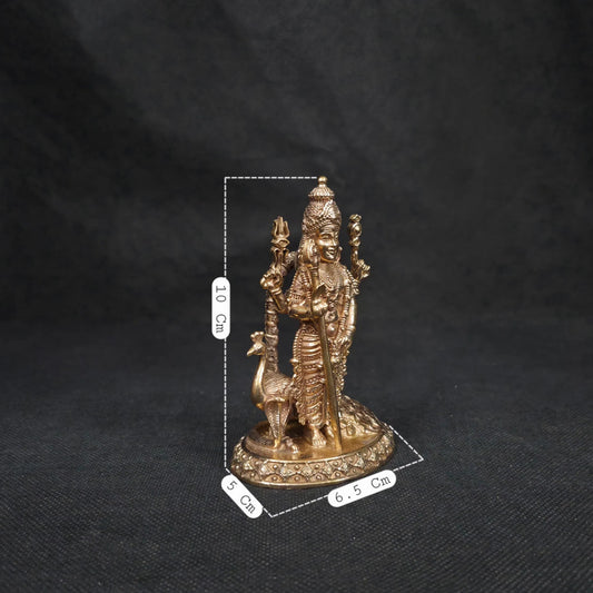 Side view of 4 inch Murugan Panchaloha Statue with dimensions 10cm x 6.5cm x 5cm โ Peacock Vahana detail, Kumbakonam handcrafted