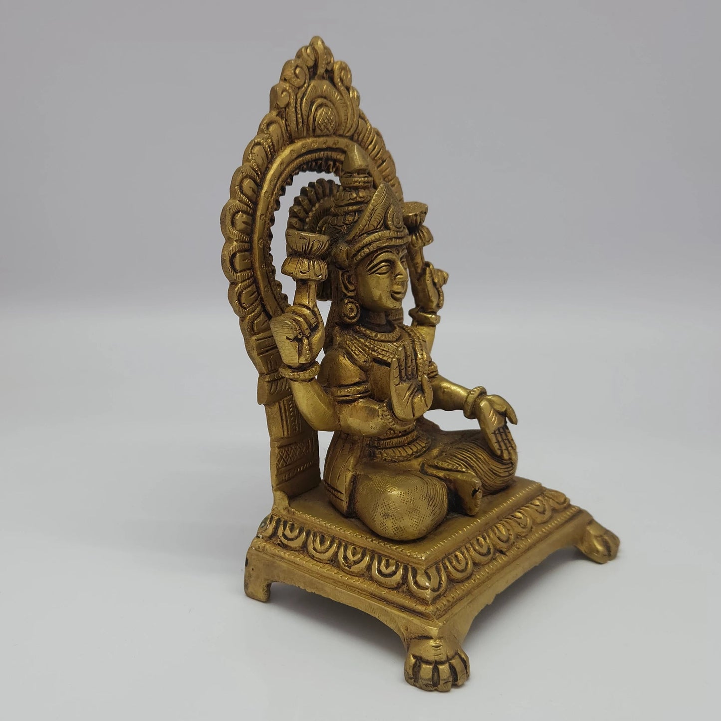 Premium Antique Brass seated Alamelu Mangai Padmavathi Devi statue 18.5cm high top angle side overview showing upper kireetam crown structure layout