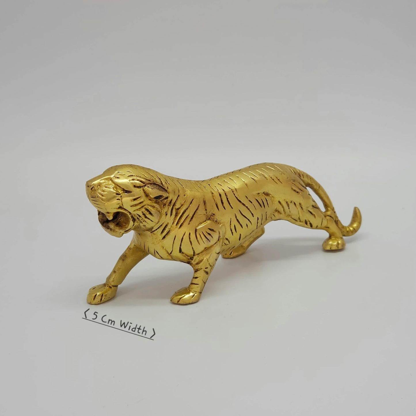 Premium Brass tiger sculpture 20cm front angled view focusing on roaring jaws for corporate and national honors 5cm depth