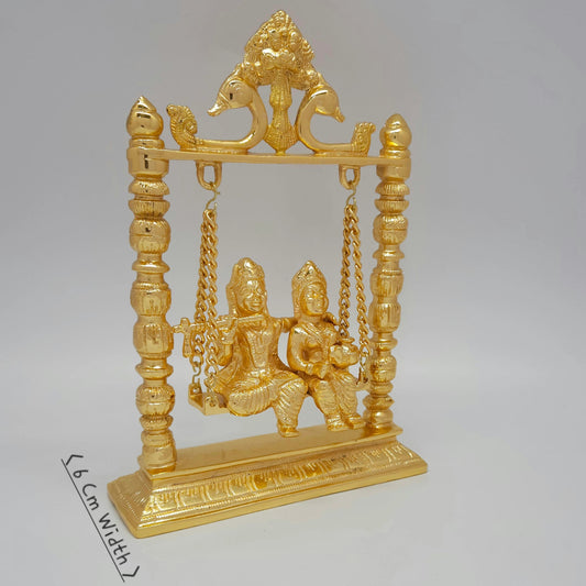Premium Brass Radha Krishna Jhula swing murti 6cm depth 45-degree right side angle view showing chain links and pillar details