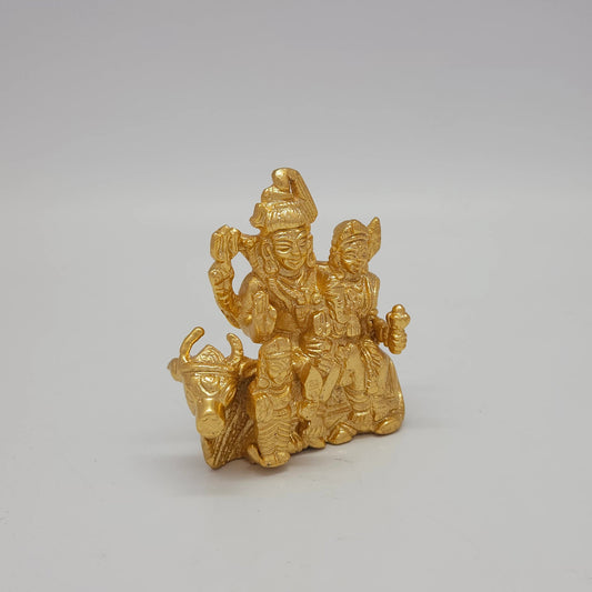 Premium Brass Shiva Parivar family statue 4 inch 9.5cm 45 degree front left corner view highlighting trishul and standing karthikeya murugan