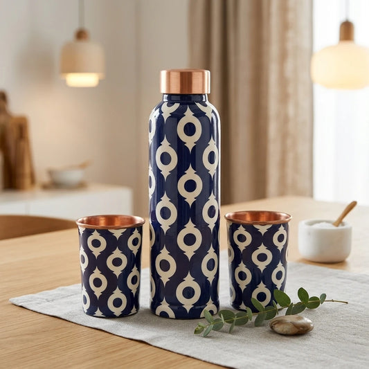 Copper Water Bottle & Glass Set | 900 ml Bottle with 2 Glasses — 4 Design Variants