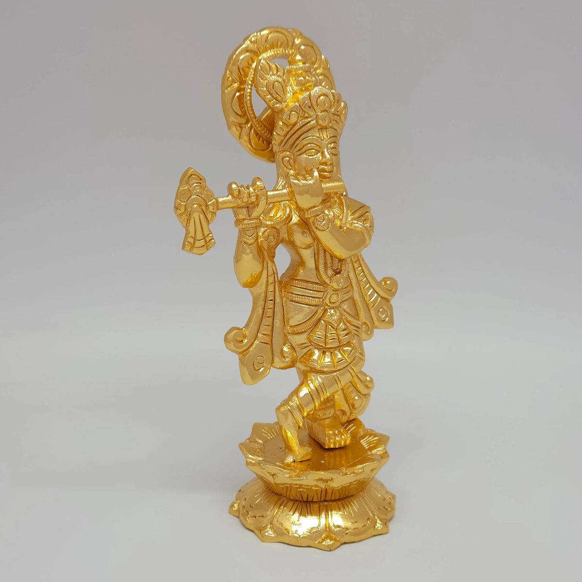 Premium Brass Standing Tribhanga Lord Krishna Murti Playing Flute with Circular Padma Peedam – Durable Gold Powder Coated Finish – 7.9" (20 cm Height) | Sri Swaminathan & Co