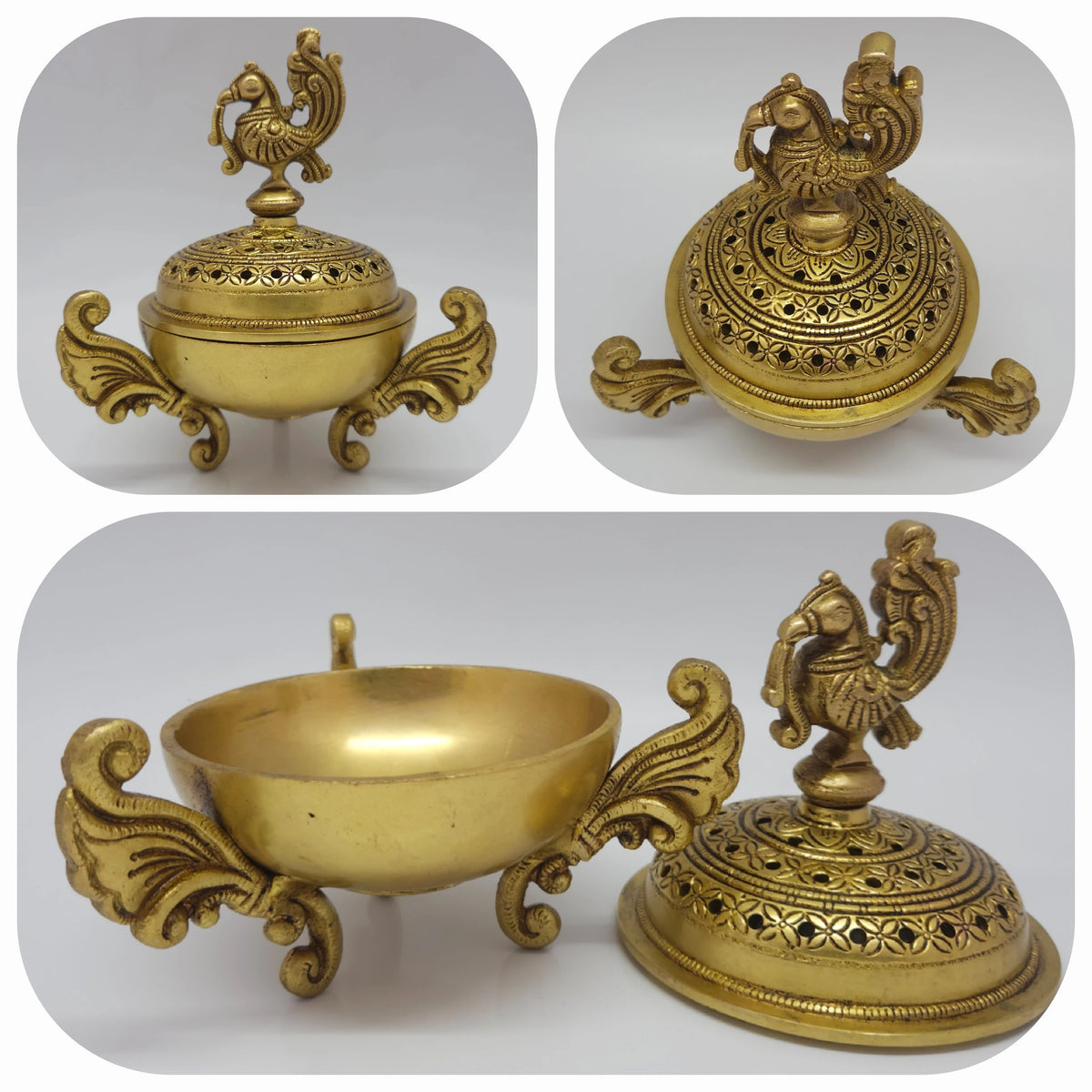Multi quadrant collage photo demonstrating the fully detachable components including the separate dome lid main bowl and open setup of the brass peacock Dhoop Dhani.