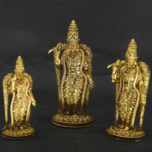 Front perspective view showcasing three different available size variations of the solid brass Madurai Meenakshi amman statue standing side by side to compare altar scales.