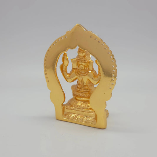 Sri Swaminathan and Co brass miniature Chaturbuja Ganapathi statue gold finish 250g weight 45-degree back pose rear view showing reverse of flat thiruvatchi temple arch frame and rectangular pedestal