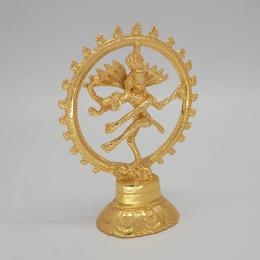 Sri Swaminathan and Co brass Lord Nataraja statue gold finish 14cm height 45 degree left pose corner view highlighting damaru drum and abhaya mudra palm