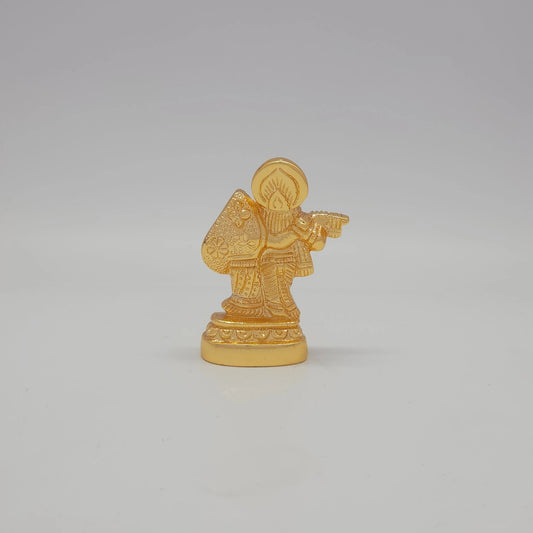 Sri Swaminathan and Co brass miniature Radha Krishna showpiece gold finish 80g weight back pose full rear view showing reverse of halo disc and oval base platform