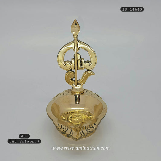 Om Muruga Vel Vilakku brass lamp from Tamil Nadu - Traditional worship lamp with sacred spear motif