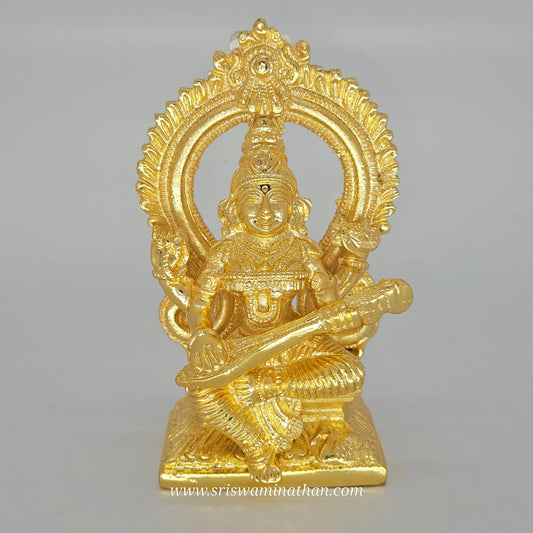 Brass Goddess Saraswati Idol – Golden Finish | 6 inch