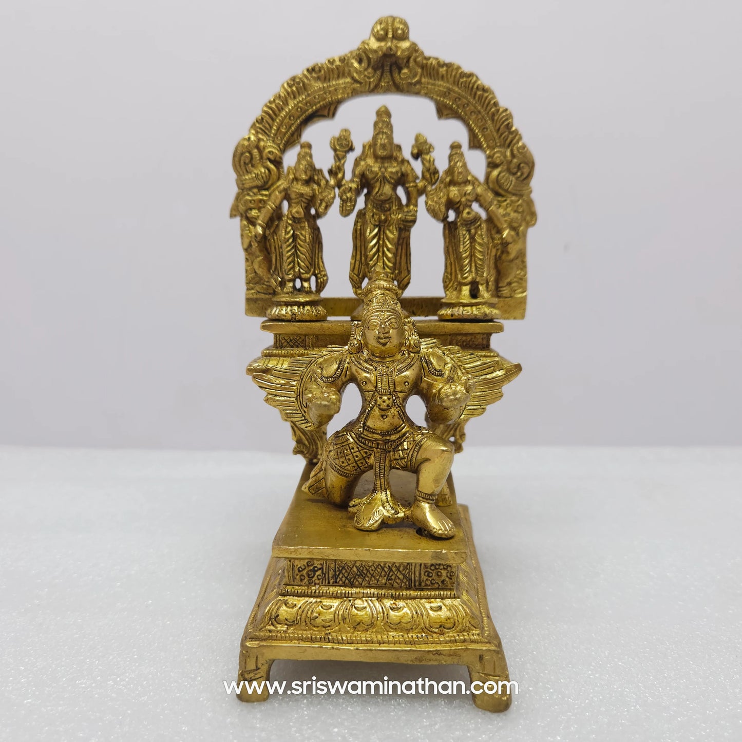 Lord Vishnu with Sridevi Boodevi on Garuda brass statue 6 inch - front view