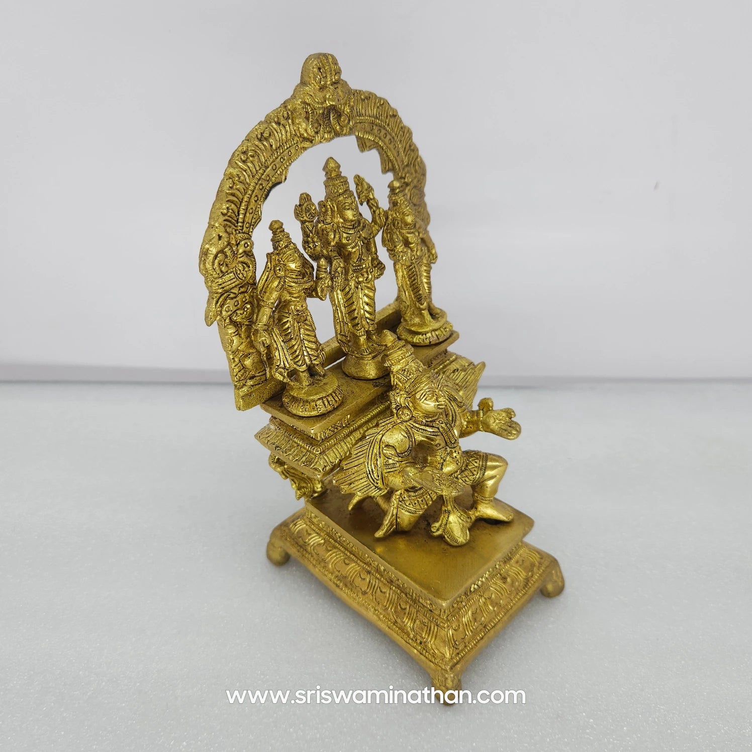 Vishnu Garuda brass murti with Sridevi and Boodevi - side angle detail