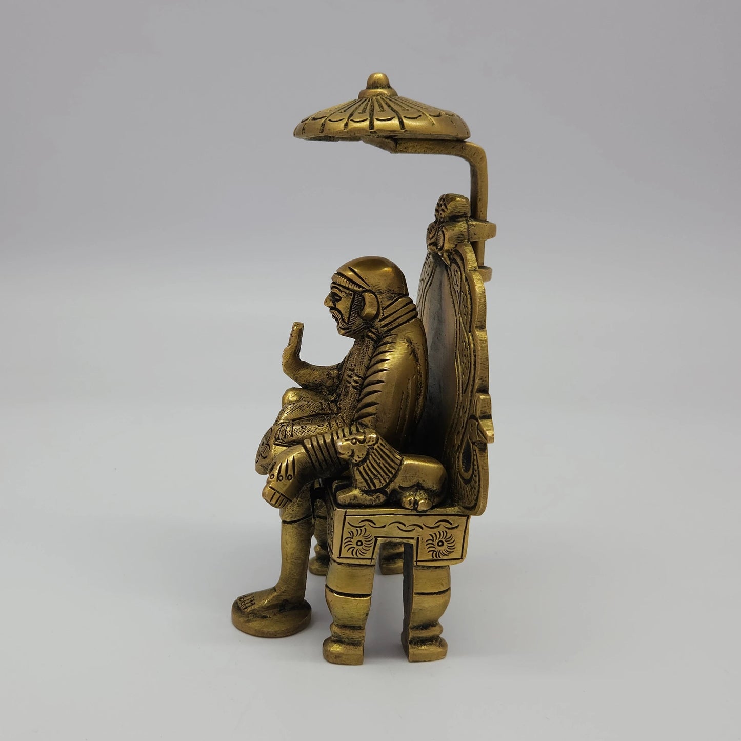 Antique Brass Shirdi Sai Baba Statue on Royal Peacock Throne with Guardian Lions – 5.5" (14 cm) | Sri Swaminathan & Co