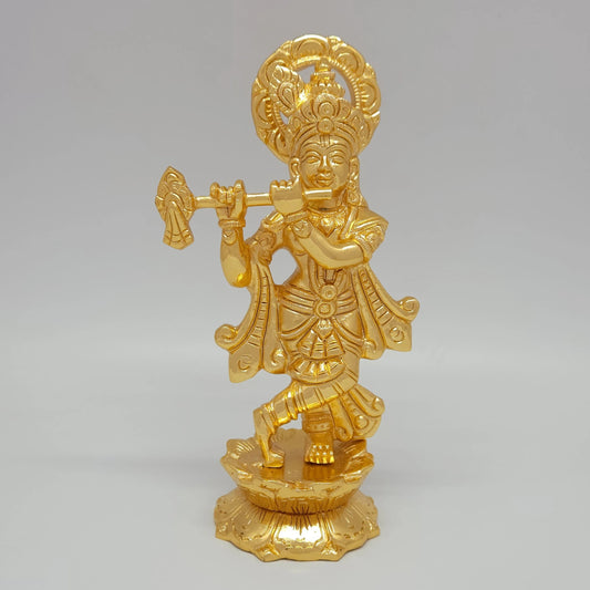 Premium Brass Standing Tribhanga Lord Krishna Murti Playing Flute with Circular Padma Peedam – Durable Gold Powder Coated Finish – 7.9" (20 cm Height) | Sri Swaminathan & Co