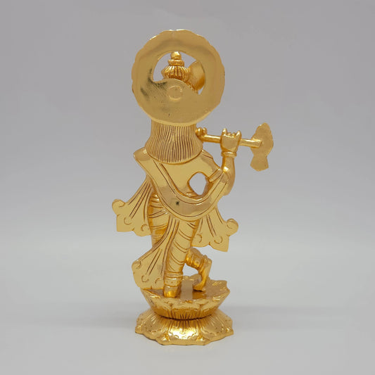 Premium Brass Standing Tribhanga Lord Krishna Murti Playing Flute with Circular Padma Peedam – Durable Gold Powder Coated Finish – 7.9" (20 cm Height) | Sri Swaminathan & Co
