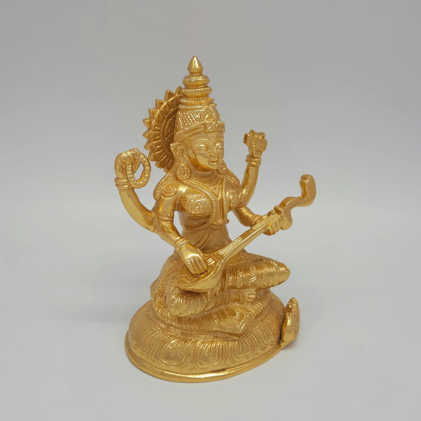 Authentic 7.5" Golden Saraswathi Devi Brass Idol - Traditional Knowledge Goddess