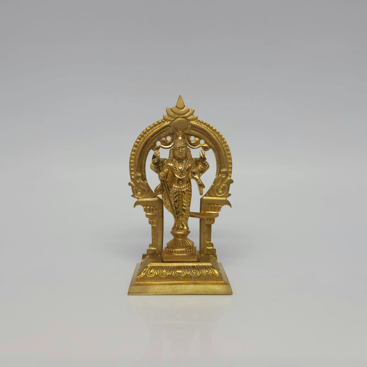 Kumbakonam Handcrafted Miniature Murugan Brass Statue with Prabhavali Arch 9.5cm / 3.7-Inch (Solid Puja-Ready Idol)