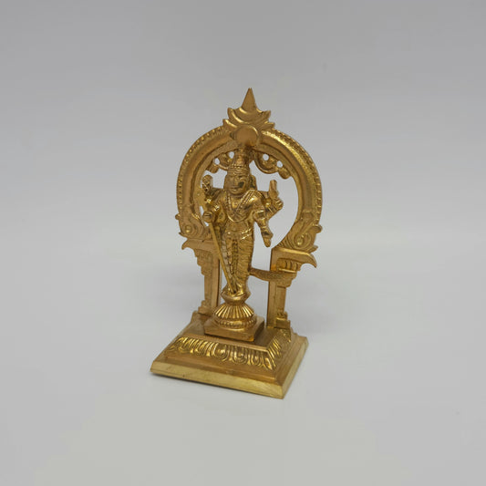 Kumbakonam Handcrafted Miniature Murugan Brass Statue with Prabhavali Arch 9.5cm / 3.7-Inch (Solid Puja-Ready Idol)