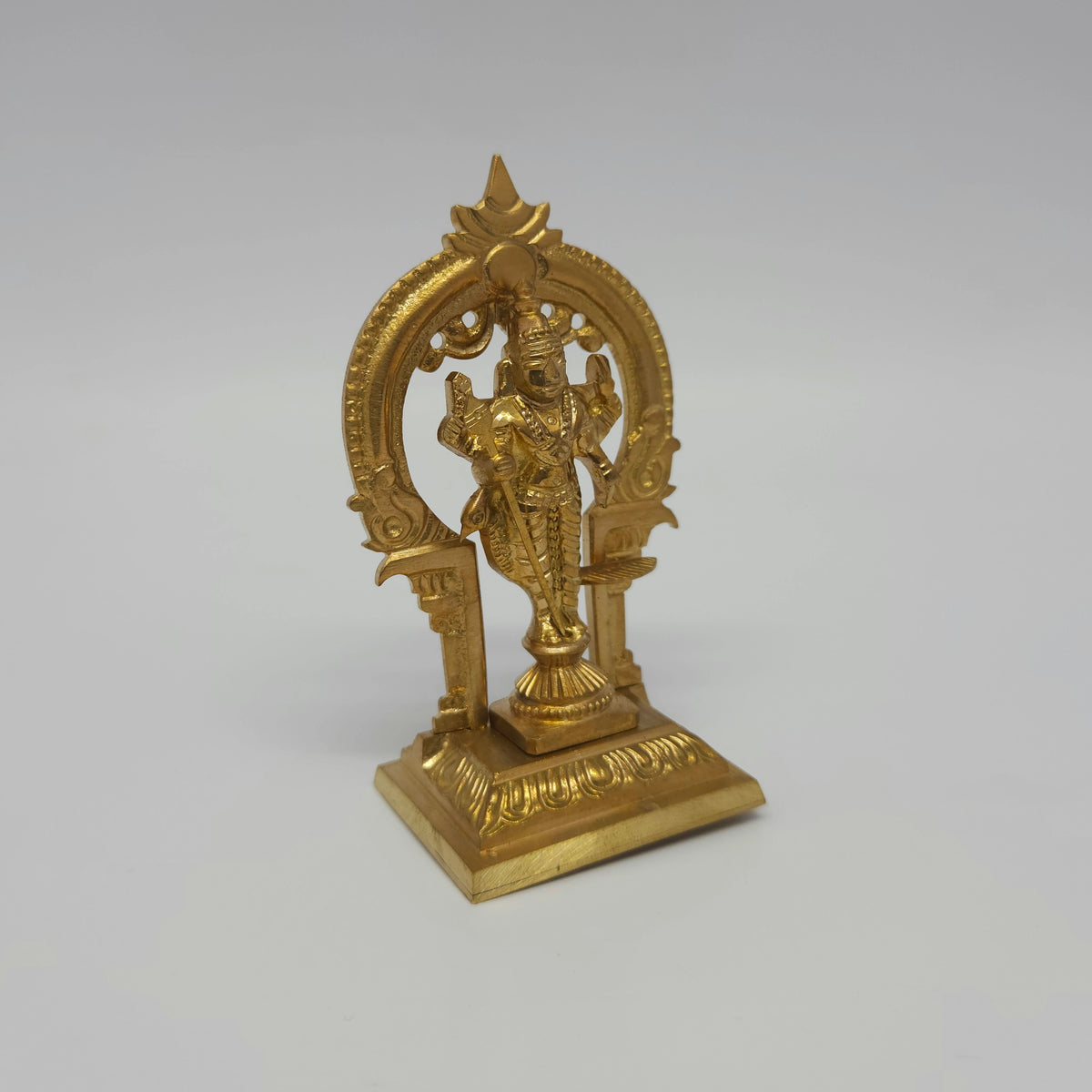 Kumbakonam Handcrafted Miniature Murugan Brass Statue with Prabhavali Arch 9.5cm / 3.7-Inch (Solid Puja-Ready Idol)