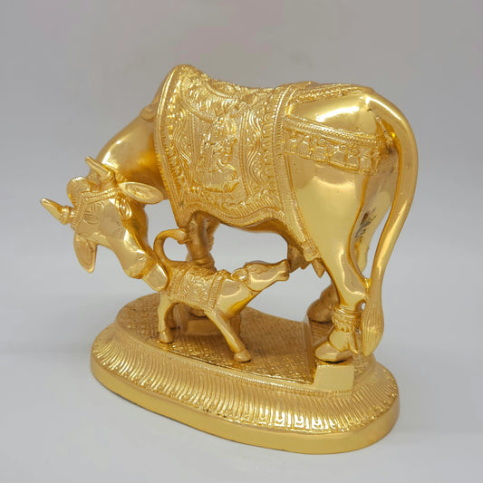 Brass Kamadhenu Cow and Calf Statue / Glossy Gold Décor 18 cm