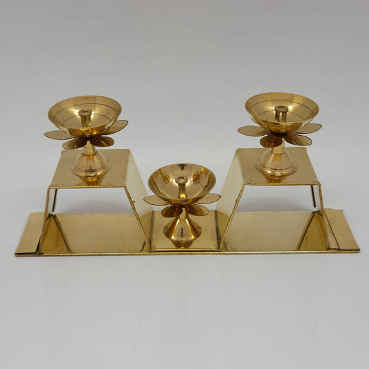 Brass Triple Pyali Diya with Lotus Petal Base 3 – Spiritual Lighting for Pooja, Home Decor, and Meditation