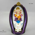 Front view look of the 24 cm premium resin Ganesha idol riding white elephant Airavata fully assembled inside the purple archway