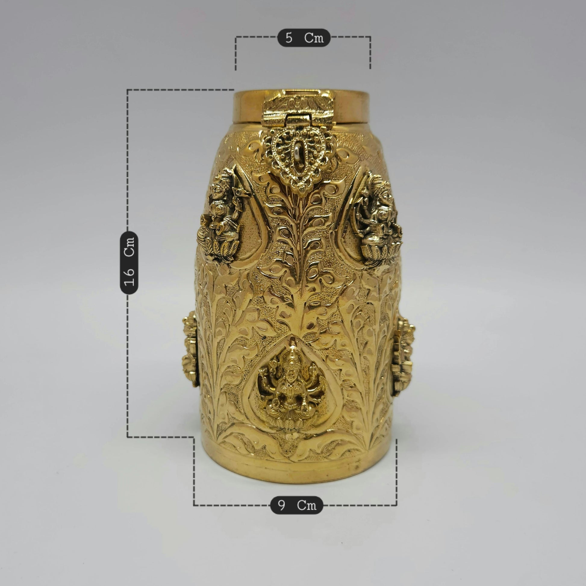 Kumbakonam 6Inch Pittala Hundial Premium Floral Urn Angled Top Lid Open Wide Interior Brass Mahalakshmi Medallion Sri Swaminathan