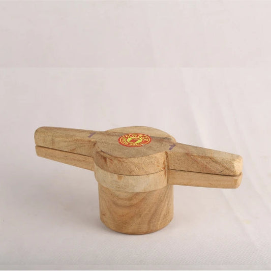 A wooden achi (a type of traditional Indian dish) presented against a white background, showing a natural wood finish with a small round branded label on the top.